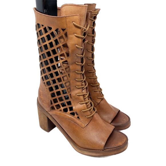 NWOB Vintage Foundry Co. Cognac Brown Leather Mid Calf Open Toe Boots Women's 9 - Picture 1 of 10